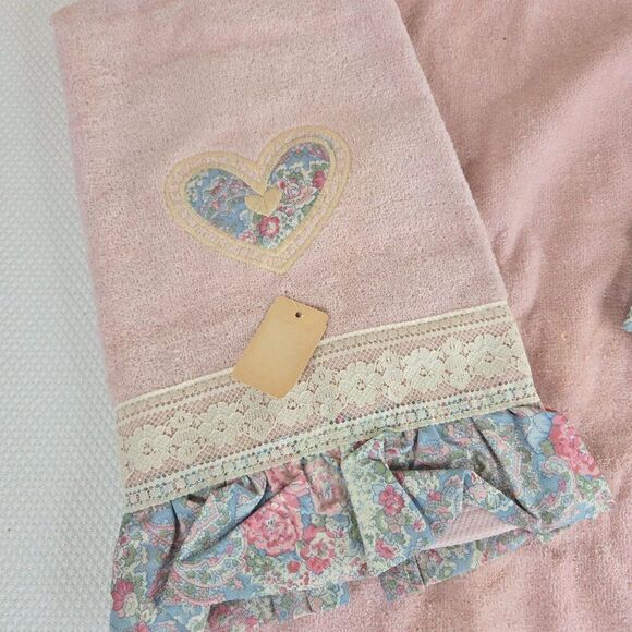 Vintage 80s Jillian Rose Bath Towel Washcloth Pink Ruffles Deadstock NEW - Picture 2 of 6
